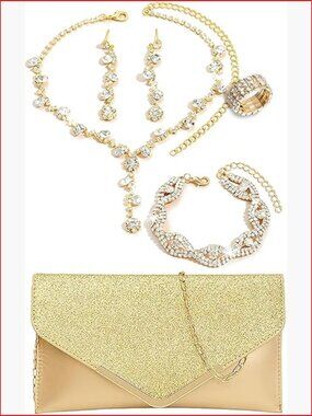 5 Pcs Rhinestone Jewelry Set with Clutch Purse Necklace Earrings Bracelet Ring